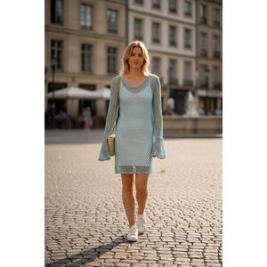Minor Creations Blue Fishnet Bell Sleeve Mini Dress One Size Festival Coverup